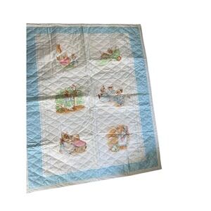 Vintage Beatrix Potter Peter Rabbit Quilted Baby Blanket Blue White 45x35